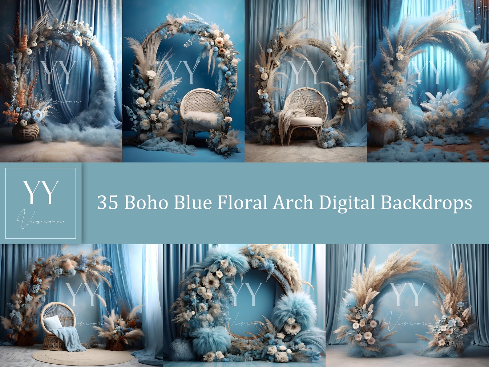 Boho Floral Pattern Theme Blue Bridal Shower Arch Backdrop Kit