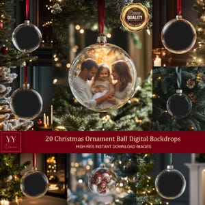 Può includere: Venti sfondi digitali di palline di Natale con una foto di famiglia all'interno di una delle palline. Le palline sono appese a un albero di Natale con le luci. Il testo "20 Christmas Ornament Ball Digital Backdrops" e "HIGH RES INSTANT DOWNLOAD IMAGES" è in basso nell'immagine.