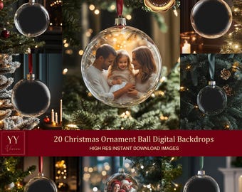 May include: Twenty digital Christmas ornament ball backdrops with a family photo inside one of the ornaments. The ornaments are hanging on a Christmas tree with lights. The text "20 Christmas Ornament Ball Digital Backdrops" and "HIGH RES INSTANT DOWNLOAD IMAGES" is at the bottom of the image.