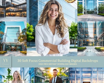 Op de afbeelding: Een collage van 30 digitale achtergronden met zachte focusafbeeldingen van moderne commerciële gebouwen. De achtergronden zijn ideaal voor gebruik in fotobewerking en grafisch ontwerp projecten.