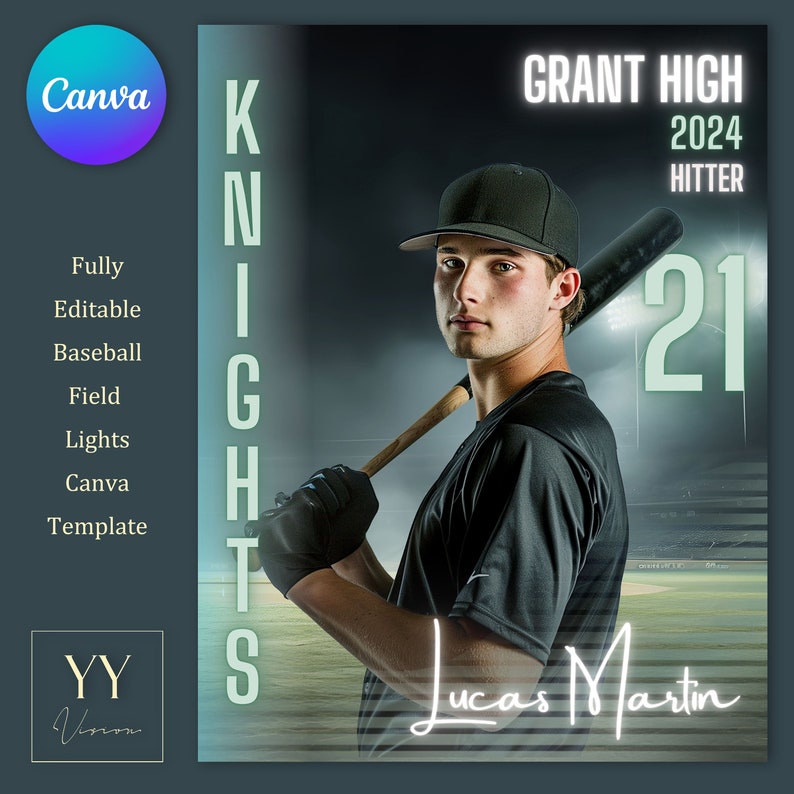 Pu&ograve; includere: Un giocatore di baseball con una maglia e un berretto neri tiene una mazza di legno. Lo sfondo &egrave; un'immagine sfocata di un campo da baseball di notte. Il testo "KNIGHTS", "GRANT HIGH", "2024 HITTER", "21" e "Lucas Martin" &egrave; visibile nell'immagine.