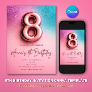 8th Birthday Invitation Template V2 for Glitter Birthday Party | Editable Printable Digital Invitation | Canva template | Instant Download