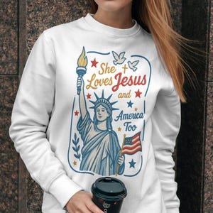 She Loves Jesus and America PNG, Christian Patriotic Woman Design, Retro Liberty and Cross Sublimation, Faith and Freedom USA Graphic V2
