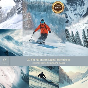 May include: A skier in an orange jacket and blue goggles skis down a snowy mountain slope. The image is one of 20 digital backdrops for use in graphic design projects.  The text "20 Ski Mountain Digital Backdrops" and "High Res Instant Download Images" is displayed below the image.