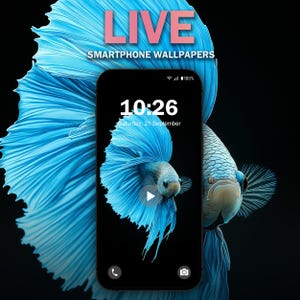 May include: A blue betta fish with flowing fins is the background image for a smartphone wallpaper. The phone screen displays a digital clock showing 10:26 and the date Saturday, 21 September.