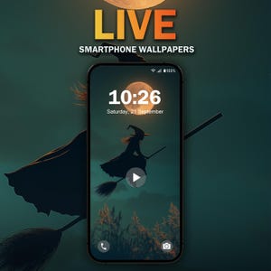 May include: A smartphone screen displaying a live wallpaper with a silhouette of a witch flying on a broomstick in front of a full moon. The time is 10:26 and the date is Saturday, 21 September.
