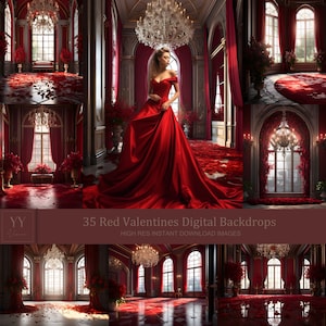 35 Red Valentines Floral Digital Backdrops Sets for Maternity Photography Wedding Studio Photoshop Overlays