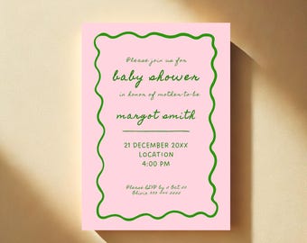 Wavy Baby Shower Invitation Template, Girl Pink Baby Shower Invitation, Retro Pink Wavy Border Baby Shower Invite, Modern Baby Shower, DIY