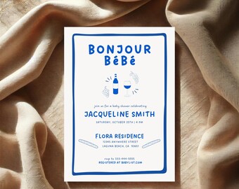 Modern Paris French Baby Shower Invitation, Bonjour Bebe Parisian Minimalist France Themed Editable Template, DIY Printable, Eiffel Tower