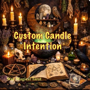 Puede incluir: Un conjunto con un caldero negro con luz verde, un libro abierto con un pentagrama, un estante de madera en forma de luna creciente con cristales, un b&uacute;ho, un cuervo, velas, hierbas secas y cartas de tarot. El texto dice Custom Candle Intention Stay Magical Tarot.
