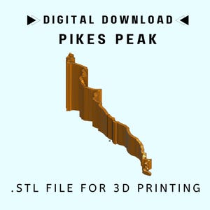 May include: A 3D-rendered model of Pikes Peak in a light orange color. The image includes the text "DIGITAL DOWNLOAD PIKES PEAK" and ".STL FILE FOR 3D PRINTING" in black. The model is designed for 3D printing.
