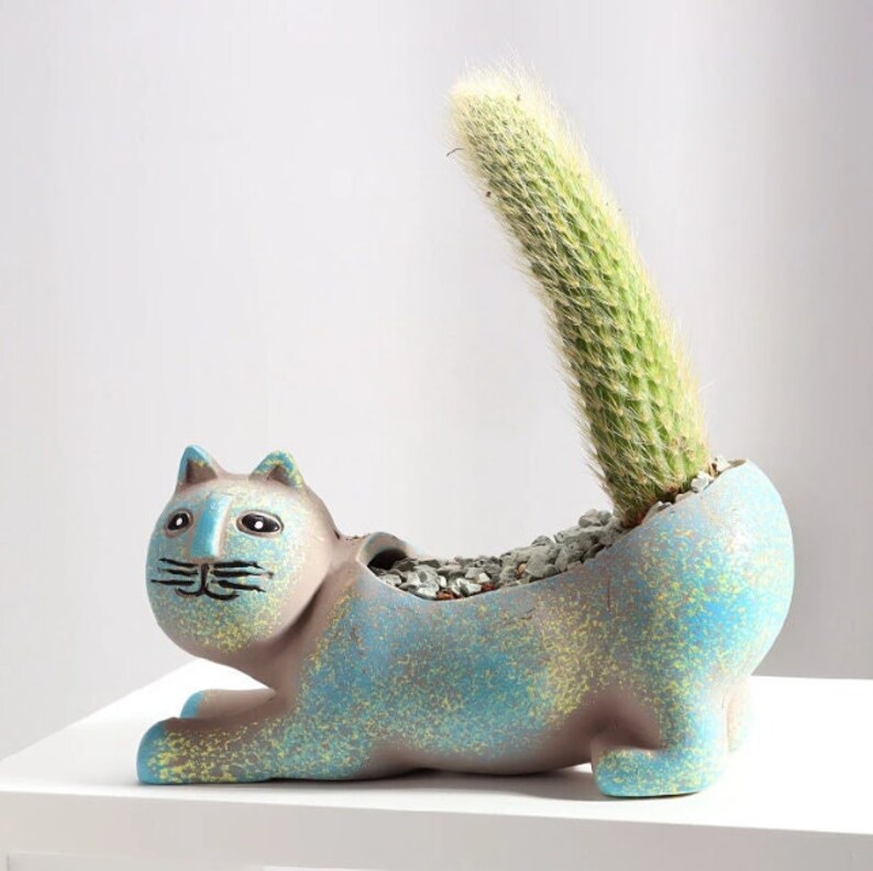 Cute Cat Tail Cactus Ceramic Planter Pot Blue Cats Handmade Etsy