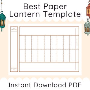 May include: A brown paper lantern template with dotted lines for folding and cutting. The text "Best Paper Lantern Template" is at the top, and "Instant Download PDF" is at the bottom. Decorative hanging lanterns in orange, teal, and white are in the background.