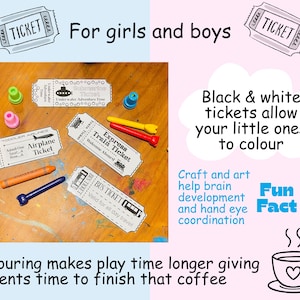 May include: Black and white coloring tickets with various themes, including airplane, train, and bus, alongside colorful crayons. The image includes text that says "For girls and boys" and "Black & white tickets allow your little ones to color."
