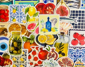 50 pcs Mediterranean Sticker Pack | Junk Fruit, Tomato, Food, & Travel Stickers | Italian Greek Aesthetic, Scrapbook Journal Laptop Decor