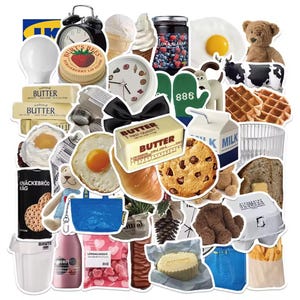Confezione da 50 adesivi estetici per la colazione scandinava / Adesivi in vinile per alimenti / Adesivi per generi alimentari retrò Y2K / Set di vinili per waffle con uova al burro e latte