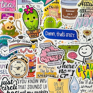 May include: A collection of colorful stickers with various designs and text. Stickers include a cactus with a flower, a brain with the text "has too many tabs open," and the phrase "Damn, that's crazy." Other stickers feature clocks, coffee cups, and humorous quotes.