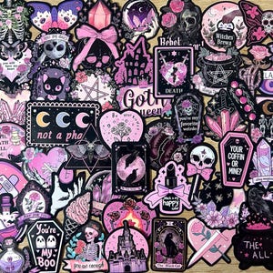 Black Pink Gothic Sticker Pack - Pink Witchy Aesthetic, Cute Occult, Tarot, Crystals, Coffin and Skeleton Stickers for Journals and Laptops