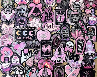 Black Pink Gothic Sticker Pack - Pink Witchy Aesthetic, Cute Occult, Tarot, Crystals, Coffin and Skeleton Stickers for Journals and Laptops