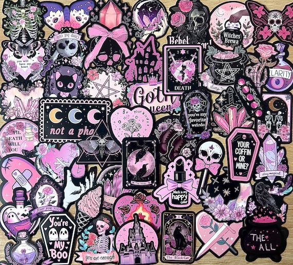 Black Pink Gothic Sticker Pack - Pink Witchy Aesthetic, Cute Occult, Tarot, Crystals, Coffin and Skeleton Stickers for Journals and Laptops