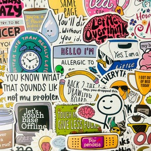 May include: A collection of colorful stickers with various designs and text. Stickers include an alarm clock, a brain, a pencil, and phrases like "Let Me Overthink" and "Hello I'm Allergic To". The stickers are diverse in shape and size.