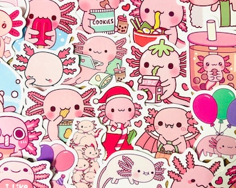 50 stuks schattige roze axolotlt-stickerset - schattige roze relaxolotl, salamander, zeemeermin, dierenstickers voor tijdschriften, laptops en waterflessen