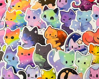 50 Stück Rainbow Galaxy Cat Stickers Bundles | Süsse Katze Vinyl Sticker | Kawaii Pastell Galaxy Aufkleber für Laptop, Wasserflasche, Journal