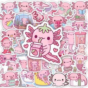 Cute Pink Axolotlt Sticker Pack - Cute Pink Relaxolotl, Boba, Mermaid, Foodie, Cozy Animal Stickers for Journals, Laptops and Water Bottles