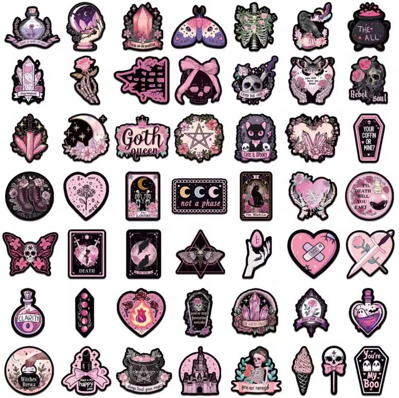 Black Pink Gothic Sticker Pack - Pink Witchy Aesthetic, Cute Occult, Tarot, Crystals, Coffin and Skeleton Stickers for Journals and Laptops image 5