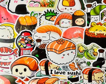 50 pcs Kawaii Sushi Sticker Pack | Cute Japanese Food Vinyl Stickers | Bento & Nigiri | Aesthetic Stickers for Journal, Laptop, Water Bottle