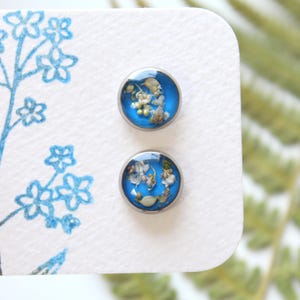 Puede incluir: Dos pendientes de botón redondos con un fondo azul brillante y flores secas encapsuladas. Los pendientes tienen un borde de metal plateado y están colocados sobre una tarjeta blanca con un diseño floral azul.