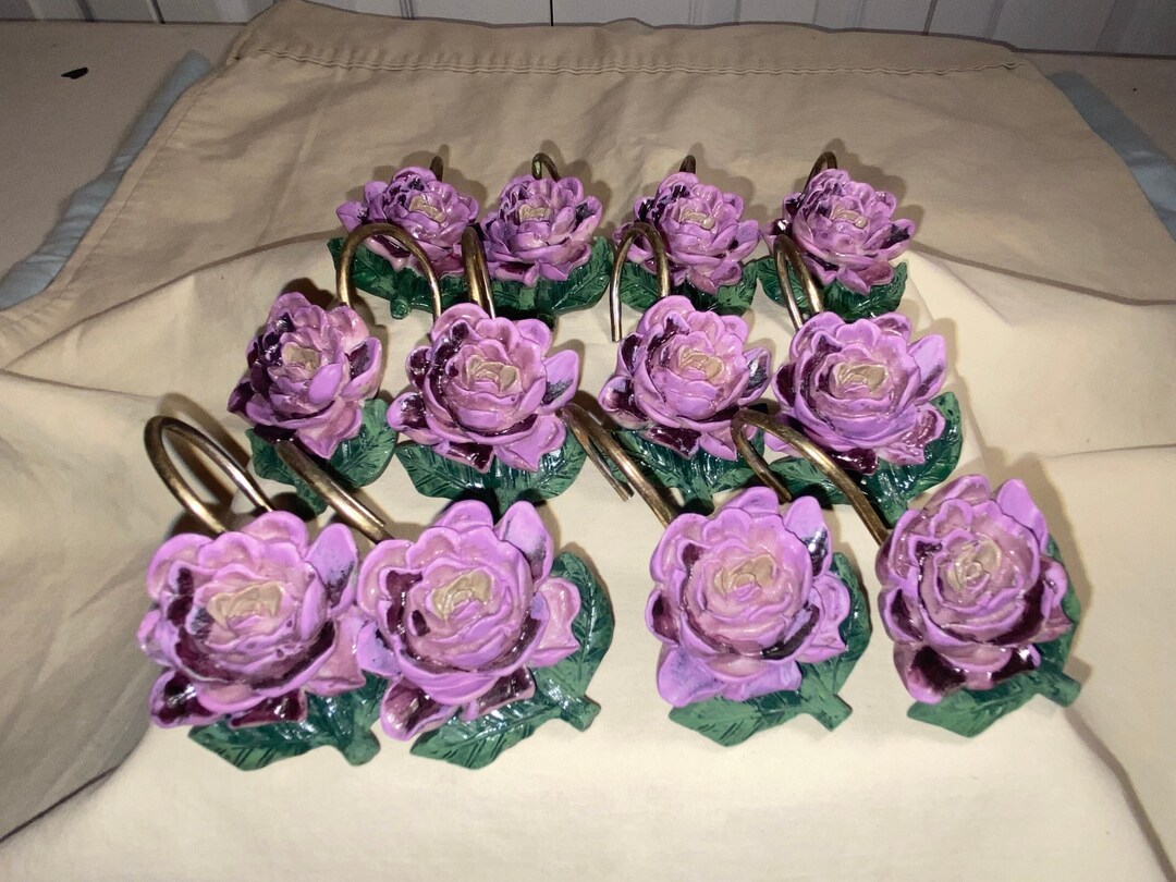 VINTAGE ROSE SHOWER Curtain Hooks Set of 12 Shower Hooks Flower Shower