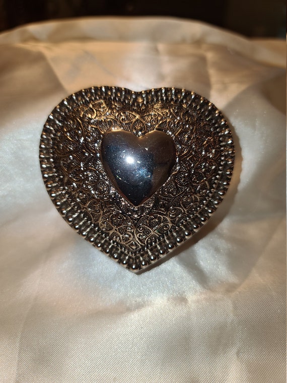 CARVED SILVER heart box  vintage ornate heart box 