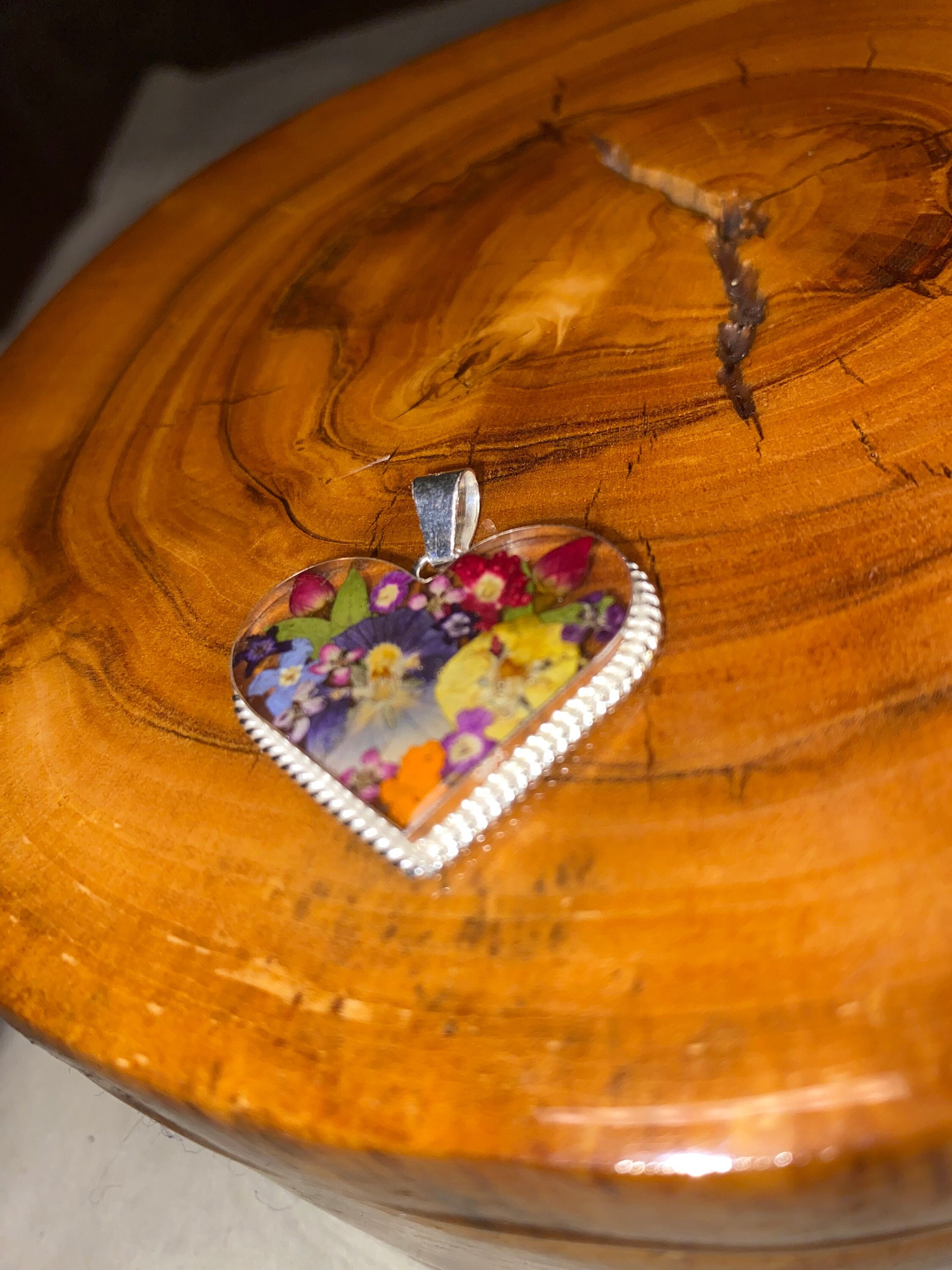 Handmade Sterling Silver Pressed Flower Heart Pendant Necklace - Real Flowers In Resin, Artisan Crafted In Taxco, Mexico