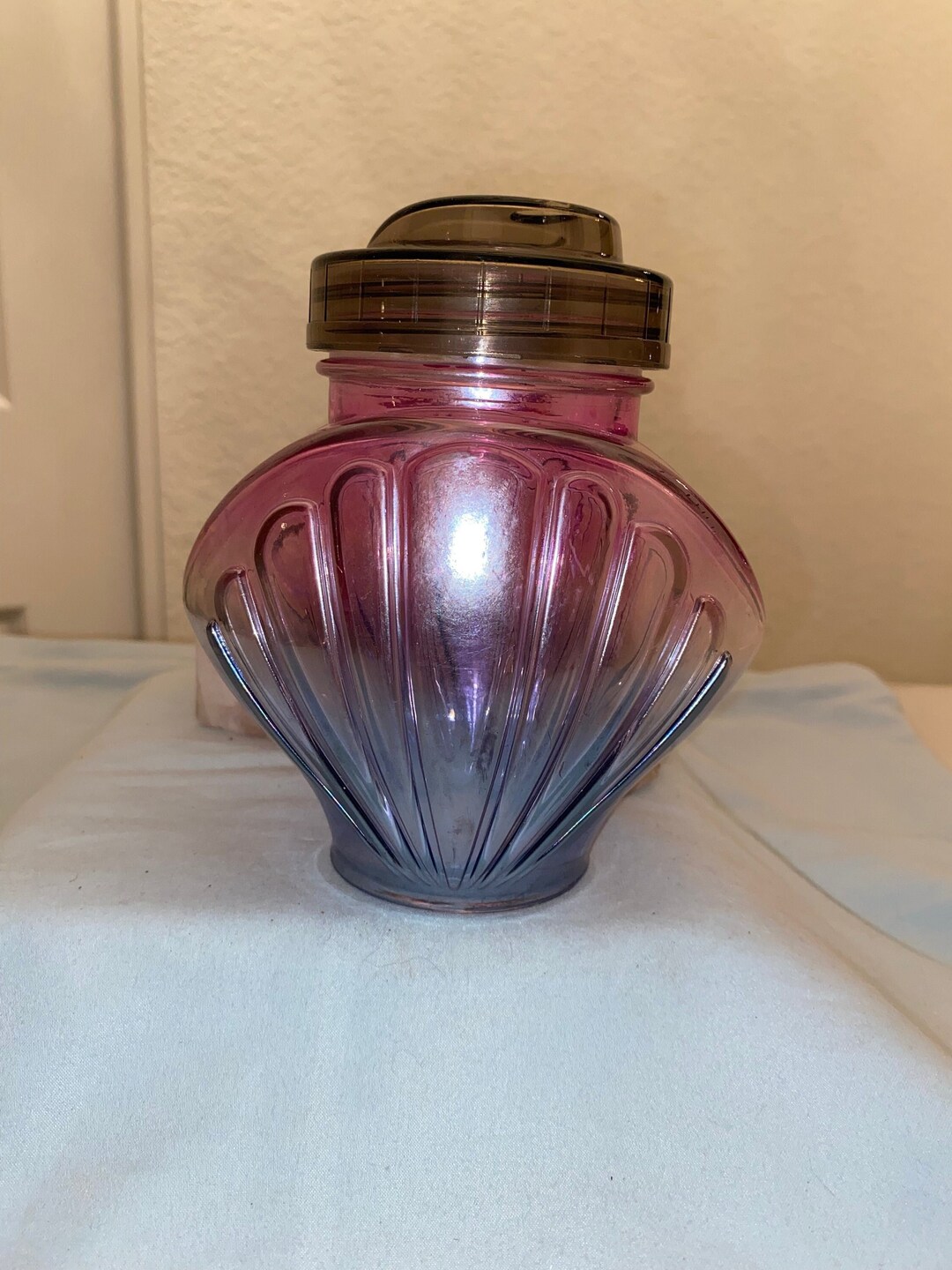 VINTAGE IRIDESCENT GLASS Water Jar With Ball Lid Ombre Purple Glass