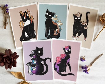 A6 Postcard Set | Creepy Cute Mushroom Cats (5x Designs) | Soft Touch Matte