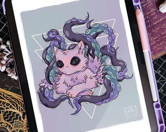 A4 Digital File for Print | Purple Octo-Cat | Fantasy Artwork