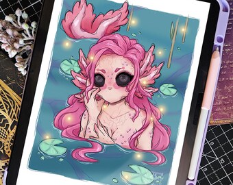 A4 Digital File for Print | Axolotl Mermaid | Digital Artwork