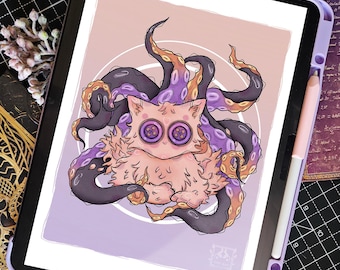 A4 Digital File for Print | Orange Button Eyed Octo-Cat | Spooky Artwork