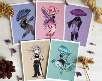 A6 Postcard Set | Mushroom Creature Series 3 (5x Designs) | Soft Touch Matte