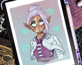 A4 Digital File for Print | Lavender Haired Elf Character | Portrait Artwork