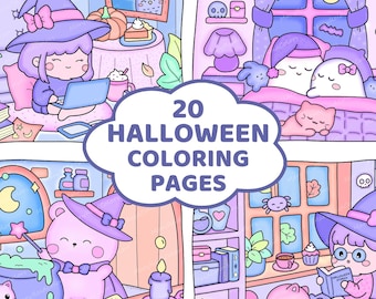 Peut inclure: Quatre pages à colorier illustrées mettant en scène de jolies sorcières, des chats et d'autres personnages d'Halloween. Les pages sont conçues dans un style fantaisiste avec une palette de couleurs pastel.