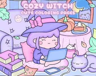 Puede incluir: Una linda bruja con cabello morado y un sombrero de bruja se sienta en un sofá con una computadora portátil, una pila de libros y un gato. La bruja lleva un vestido morado y un lazo rosa. El gato está durmiendo en una almohada. La escena está ambientada en una acogedora sala de estar con una calabaza, un pastel y una taza de chocolate caliente en una mesa. El texto "Cozy Witch Cute Coloring Pages" está en la parte superior de la imagen.