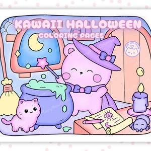 May include: A pink bear wearing a purple witch hat and a purple bow tie stirs a green potion in a cauldron. A pink cat sits next to the cauldron. The bear is holding a wand with a star on the end. The scene is set in a room with a window, a door, and a candle. The text "Kawaii Halloween Coloring Pages" is at the top of the image.