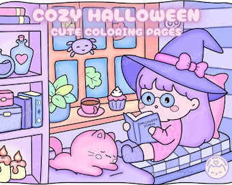 Peut inclure: Une page à colorier représentant une sorcière aux cheveux violets et un chapeau noir lisant un livre intitulé "Histoires d'Halloween" tout en étant assise sur un coussin à carreaux avec un chat rose endormi à côté d'elle. La sorcière porte des lunettes et un pull rose. La scène se déroule dans une pièce confortable avec une fenêtre, une bibliothèque et des bougies.