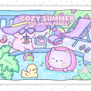 Kawaii Coloring Pages For Adults, Cozy Coloring Book, Summer Coloring Pages, Kawaii Summer, Summer Printable, Japanese Kawaii, Cozy Artwork