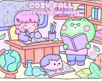 Livre de coloriage kawaii confortable, pages d'automne à imprimer pour adultes et enfants (PDF)