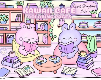 May include: A coloring page featuring a kawaii cafe with two bunnies reading books. The cafe has a bookshelf, a counter with cakes, and a table with two plates of cake. The text "Sweet Storytime Cafe" and "Kawaii Cafe Coloring Pages" is visible.