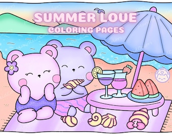 May include: A coloring page featuring two purple bears on a beach with an umbrella, a table with drinks, watermelon, and seashells. The text "SUMMER LOVE COLORING PAGES" is at the top of the page.