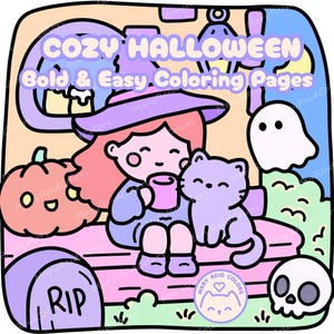 Könnte beinhalten: Digitale Illustration mit dem Text "COZY HALLOWEEN Bold & Easy Coloring Pages". Das Bild zeigt eine Hexe mit Katze, Kürbis, Geist und Schädel. Die Hexe hält eine Tasse. Die Farbpalette umfasst Pastelltöne.
